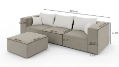 Wygodna sofa 3 osobowa z pufą POPPY szara narożnik modułowy do salonu