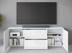 Wysoki lowboard 180 wysoka szafka pod TV szuflady biały mat/połysk z LED