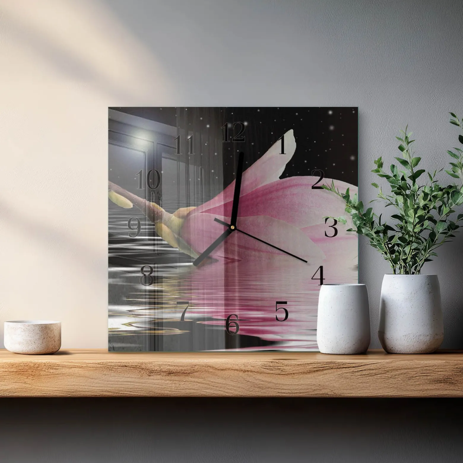 Zegar biały 30x30 Kwiat Magnolii elegancki szklany do sypialni