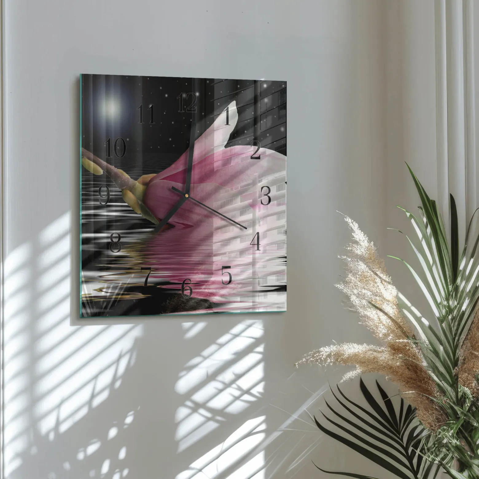 Zegar biały 30x30 Kwiat Magnolii elegancki szklany do sypialni