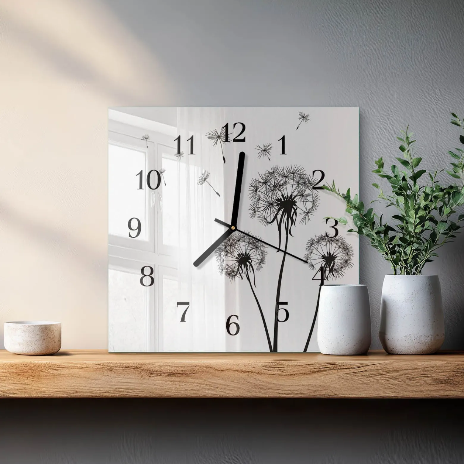 Zegar na szkle 30x30 Mniszek Lekarski zegar ścienny