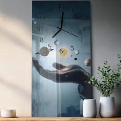 Zegar na szkle 30x60 Ręka Planety dekoracyjny na ścianę