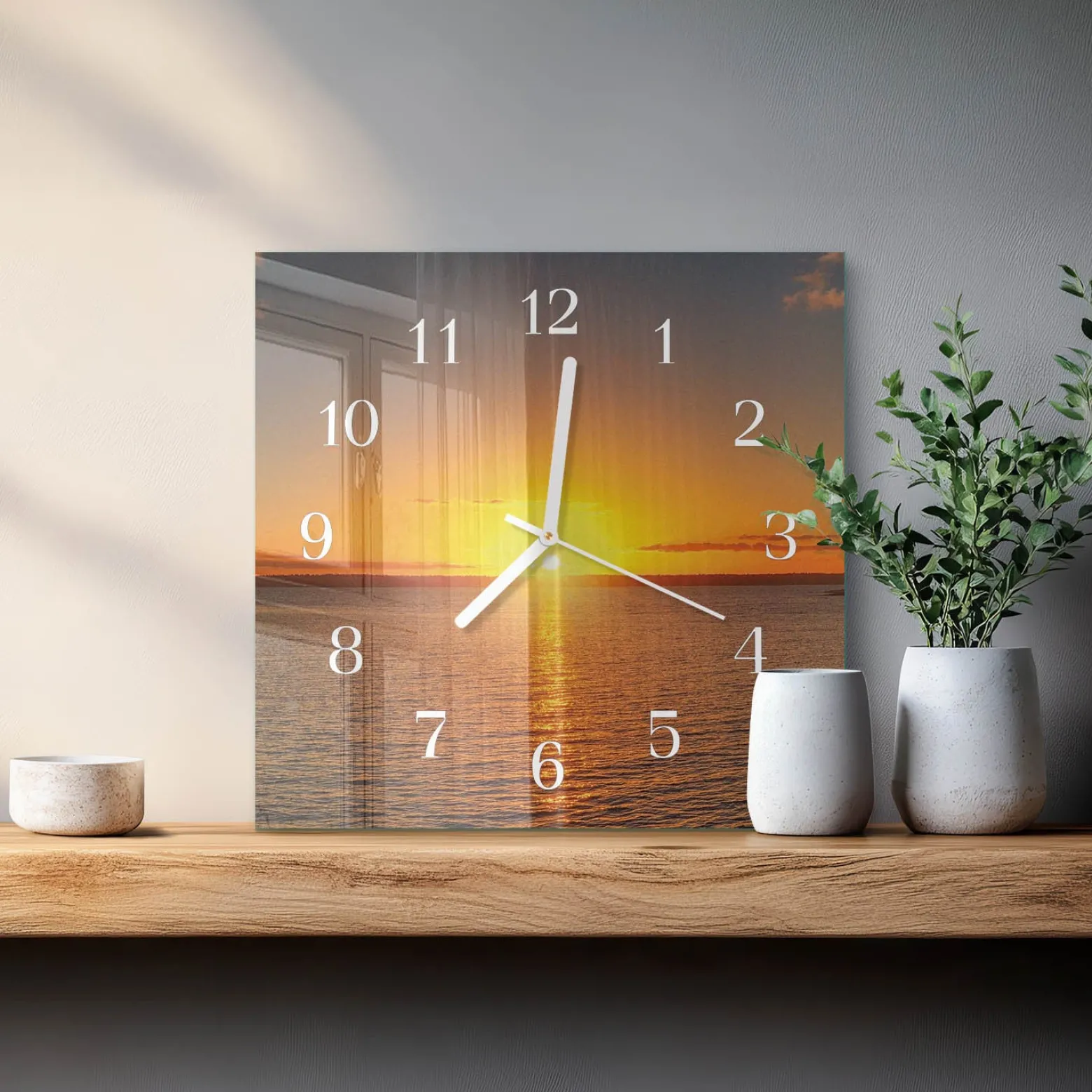 Zegar ostry 30x30 Zachód Słońca szklany ścienny