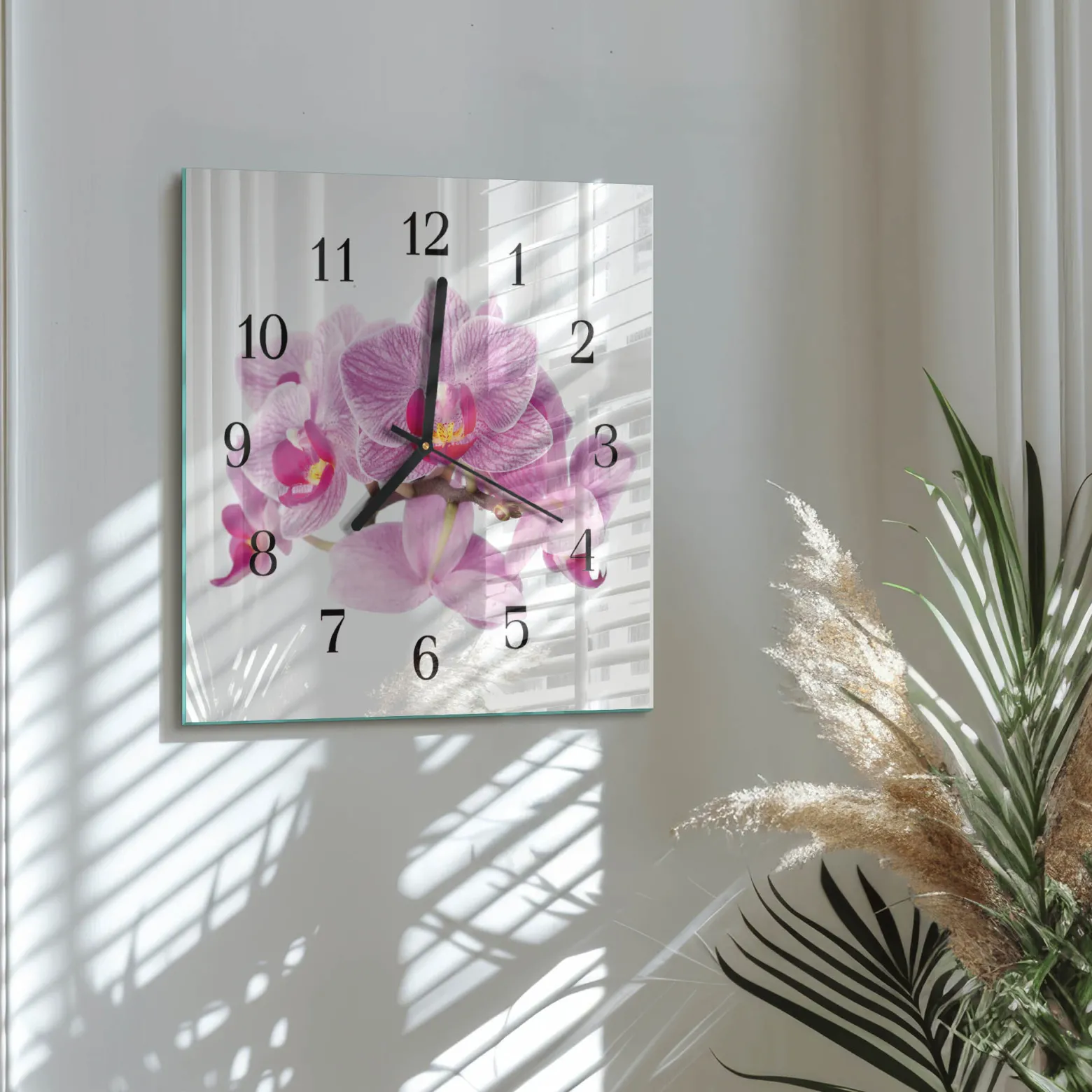Zegar storczyk 30x30 Orchidee kwiaty spa łazienka cichy szklany