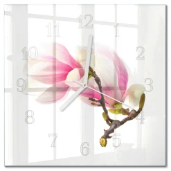 Zegar stylowy 30x30 Kwiat Magnolii elegancki szklany do sypialni