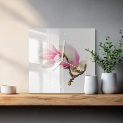 Zegar stylowy 30x30 Kwiat Magnolii elegancki szklany do sypialni