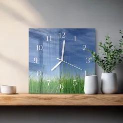 Zegar szklany 30x30 Trawa zielona natura ekologia cichy pokój