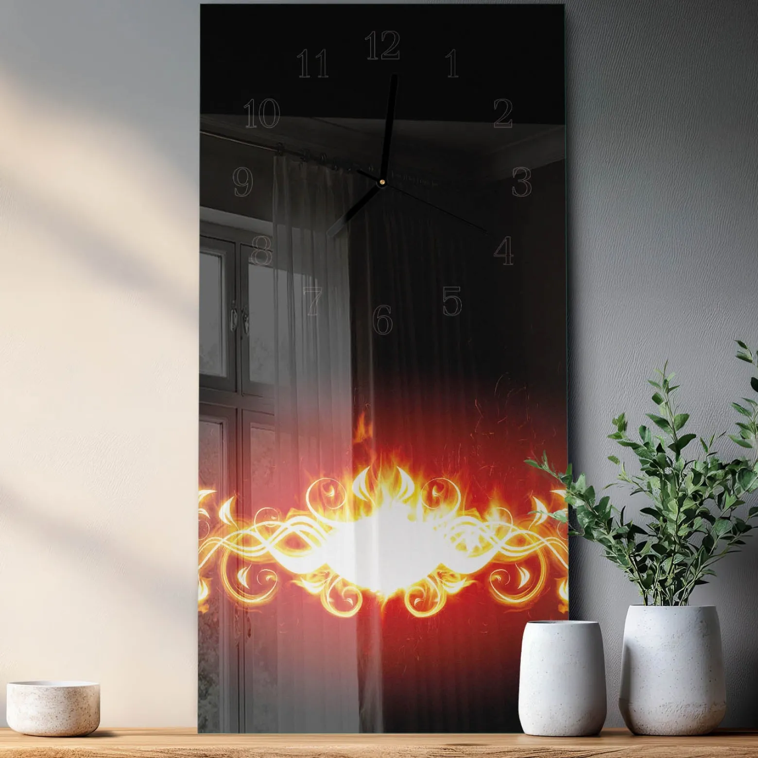 Zegar z grafiką 30x60 Kwiat Ognia szklany ścienny