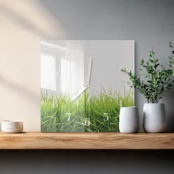 Zegar zielony 30x30 Trawa natura ekologia cichy pokój szklany