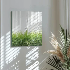 Zegar zielony 30x30 Trawa natura ekologia cichy pokój szklany
