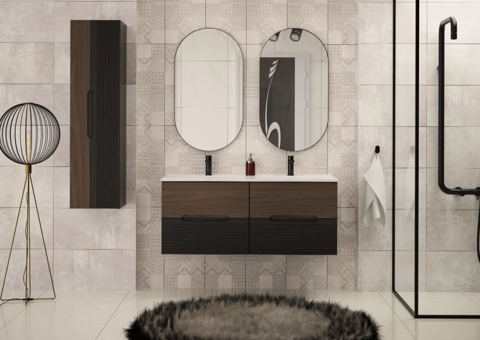 Zestaw Łazienkowy 120cm Szafka z Umywalką Czarny Mat / Orzech Avella