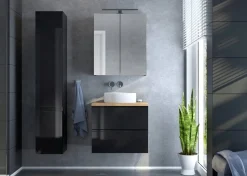 Zestaw Łazienkowy Szafka Czarna Wisząca Połysk MDF + Blat Dąb Złoty 60 cm