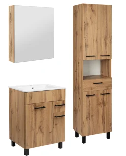 Zestaw do Łazienki 60cm Szafka z Umywalką Słupek 50cm Lustro Dąb Wotan