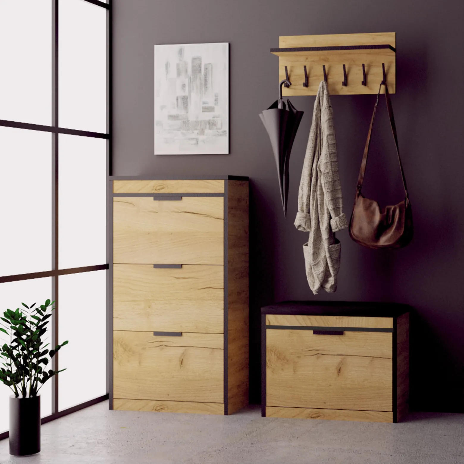 Zestaw Do Przedpokoju 13Wa11C Dąb Craft Złoty/Czarny/K 129X28X- Cm Welur