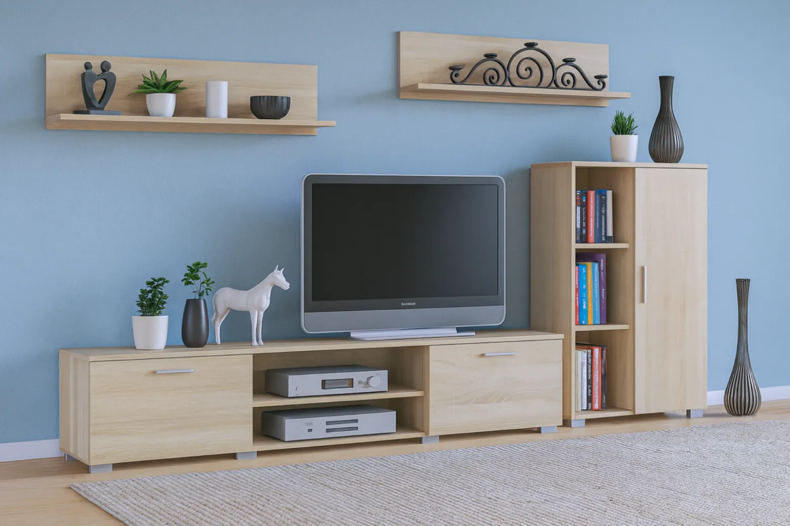 Zestaw mebli do salonu SOFEN komoda, szafka RTV, półki - Dąb Sonoma