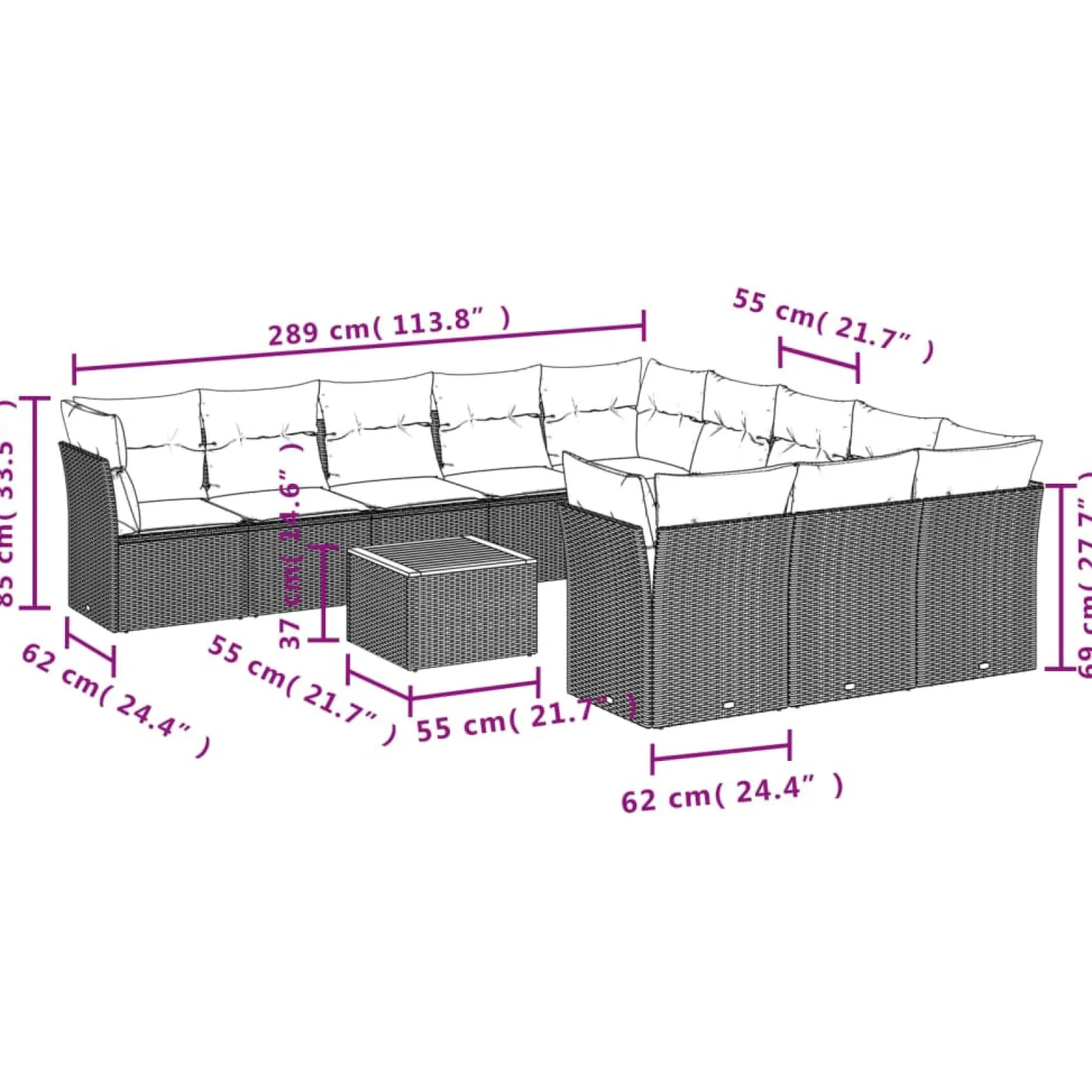 Zestaw Mebli Ogrodowych Modułowy Rattan Czarny Stół Sofa na Taras