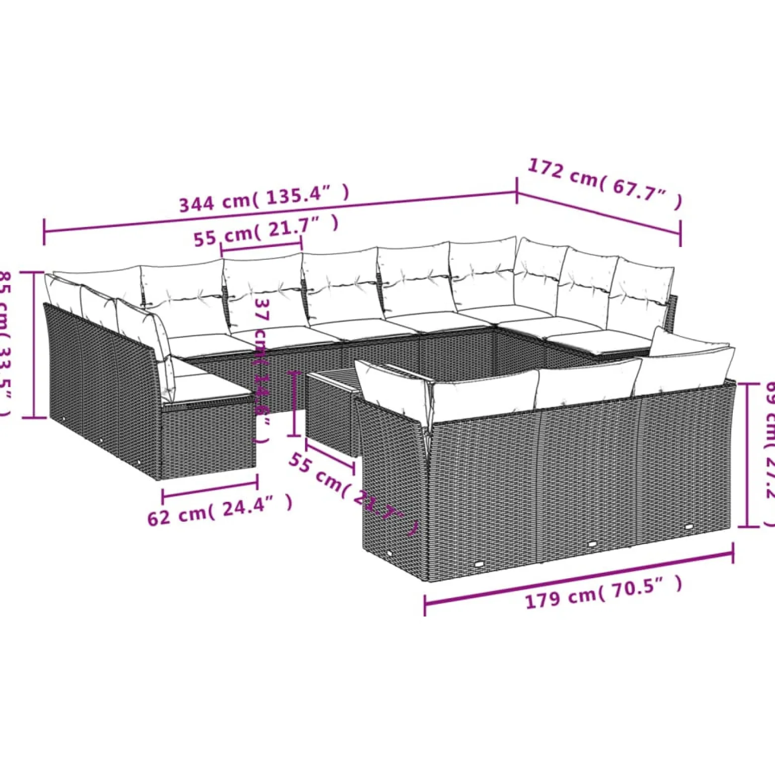 Zestaw Mebli Ogrodowych Modułowy Rattan Czarny Sofa Stół na Taras