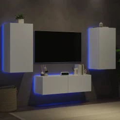 Zestaw Szafek Do Salonu Meblościanka RTV Szafki Białe Zestaw Mebli LED