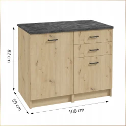 Zestaw Szafek Kuchennych 100 x 60 cm Dąb Artisan Szuflady Blat Beton Czarny