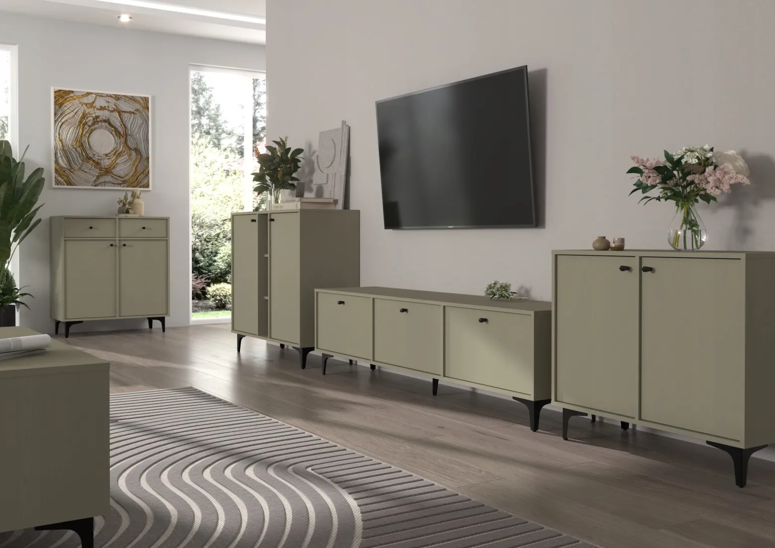 ZIELONA ŁAWA AVILA 100 cm Szuflady Półki CZARNE Nogi Uchwyty